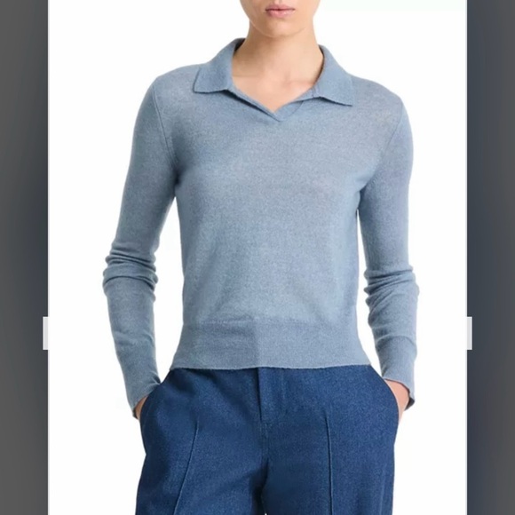 Vince Wool-Silk-Cashmere Blend Polo Collared Sweater in Iris Water Size XL - Picture 2 of 8